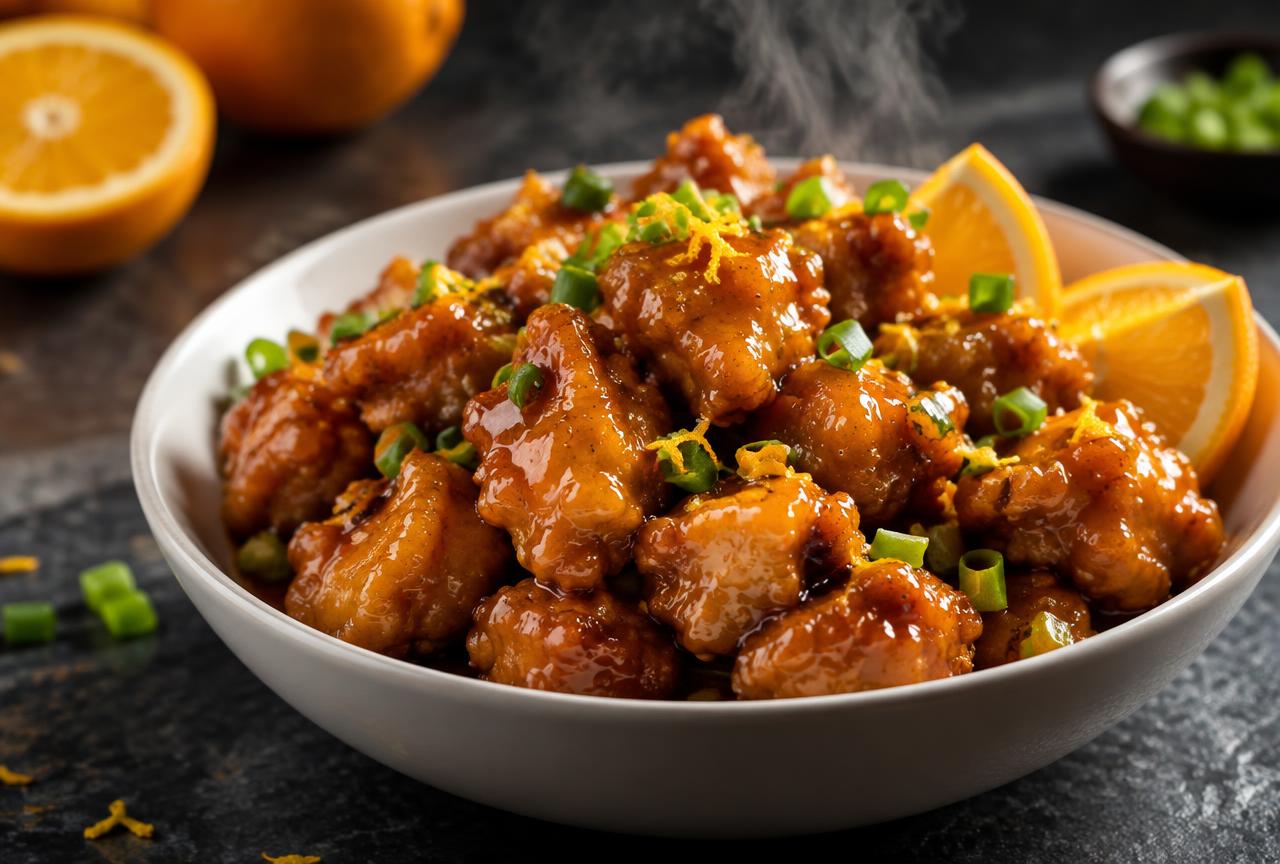 Glossy orange chicken topped with sesame seeds and sliced scallions in a white bowl